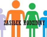 Kolorowe sylwetki rodziny z napisem "ZASIŁEK RODZINNY". Dowiedz się, świadczenia rodzinne do kiedy można pobierać.