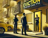 Policjant i mężczyzna w garniturze przed budynkiem z napisem "EVICTION".