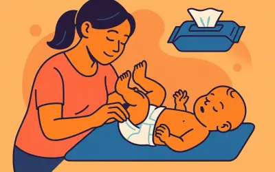 Ilustracja: kobieta przewija noworodka, obok chusteczki nawilżane.