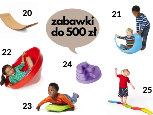Dzieci bawiące się i ćwiczące na kolorowych zabawkach sensorycznych.