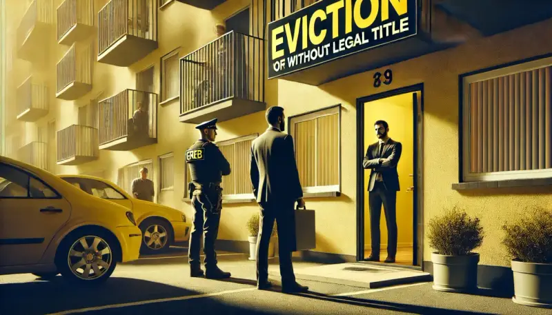 Policjant i mężczyzna w garniturze przed budynkiem z napisem "EVICTION".